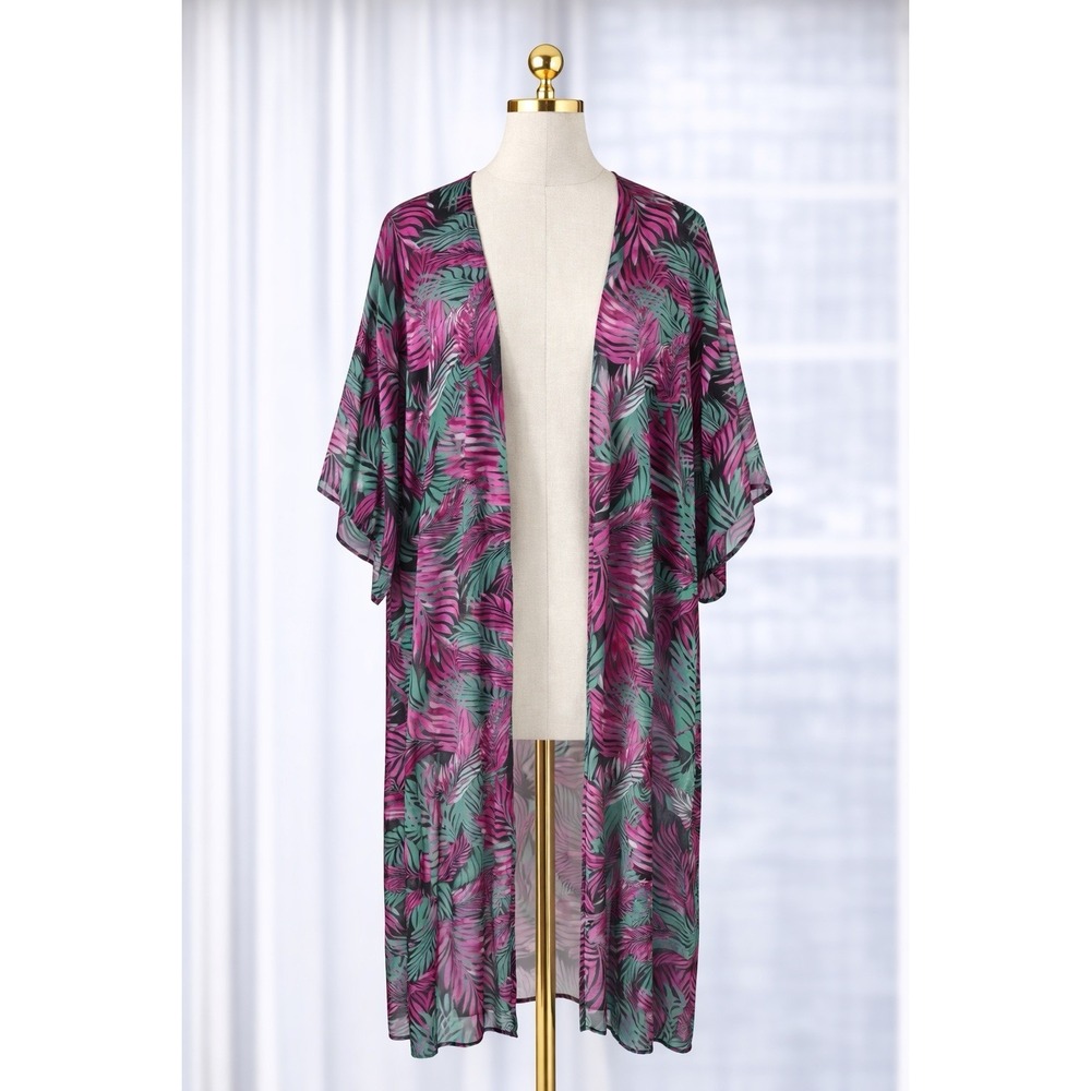 Kimono Maxi Duster Sheer Cardigan Open Front Palm Tropical Beach Oversized Small